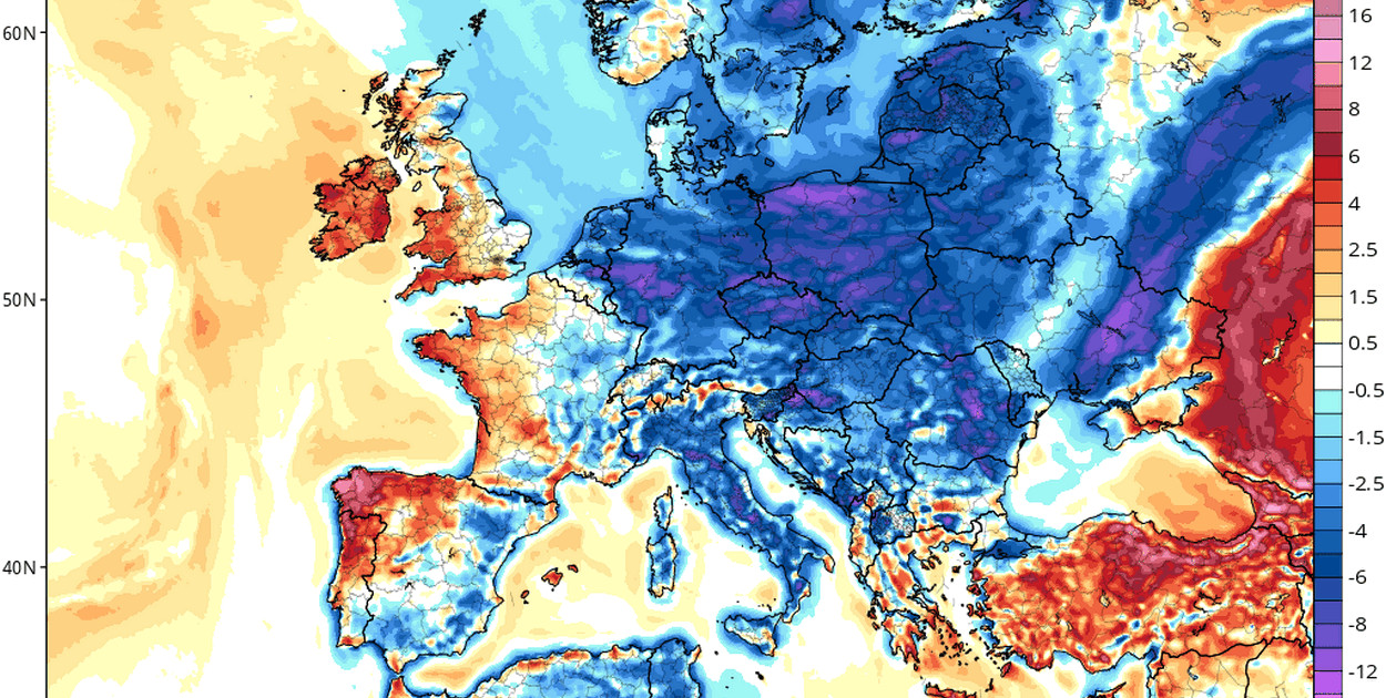 Anomalia temperatury powietrza w sobotę (TROPICALTIDBITS.COM)