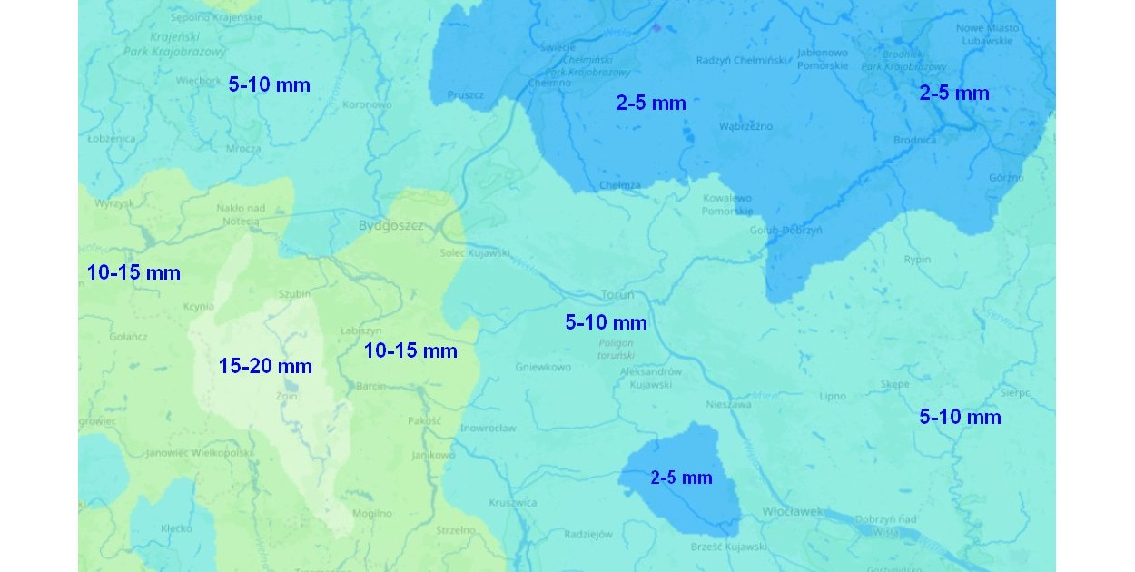 Suma opadów atmosferycznych w województwie kujawsko-pomorskim