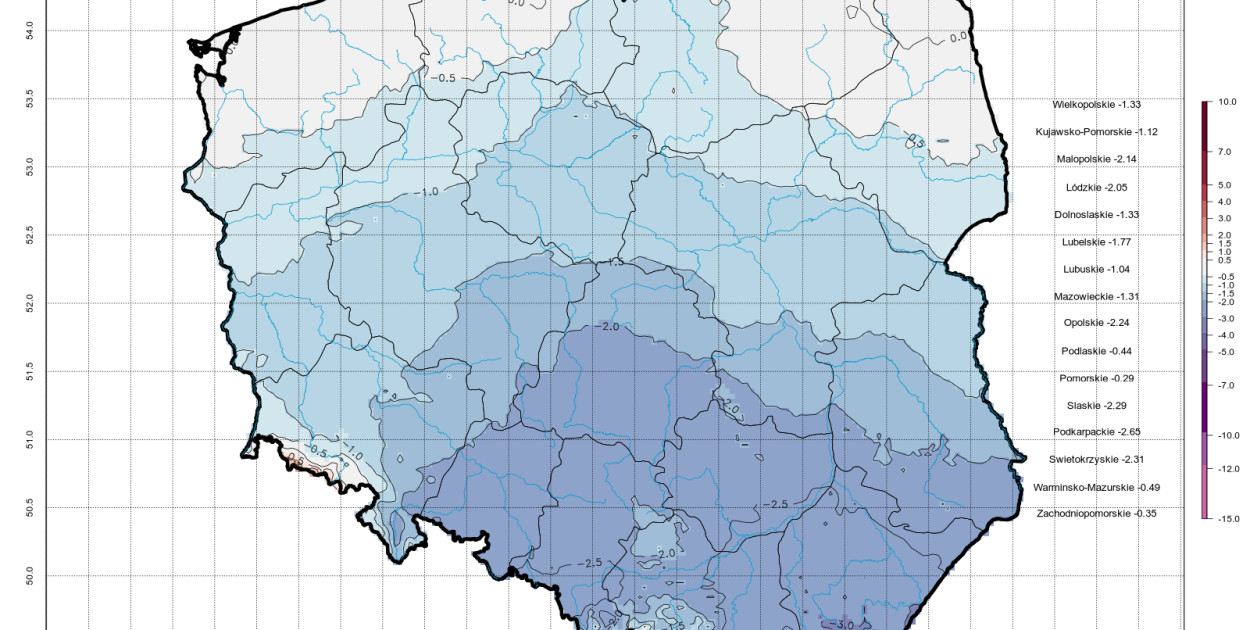 Zdj. Anomalia miesięczna listopada 2024 r. Źróło: meteomodel.pl