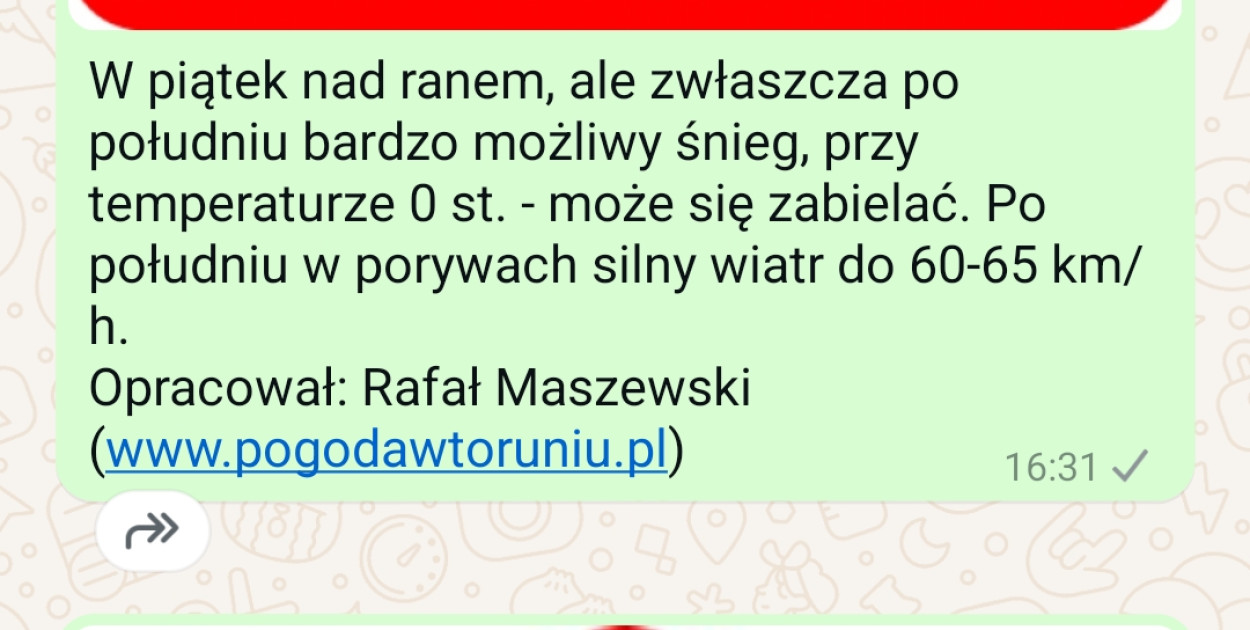 Zdj. Przykładowa informacja na kanale "Pogoda w Toruniu"