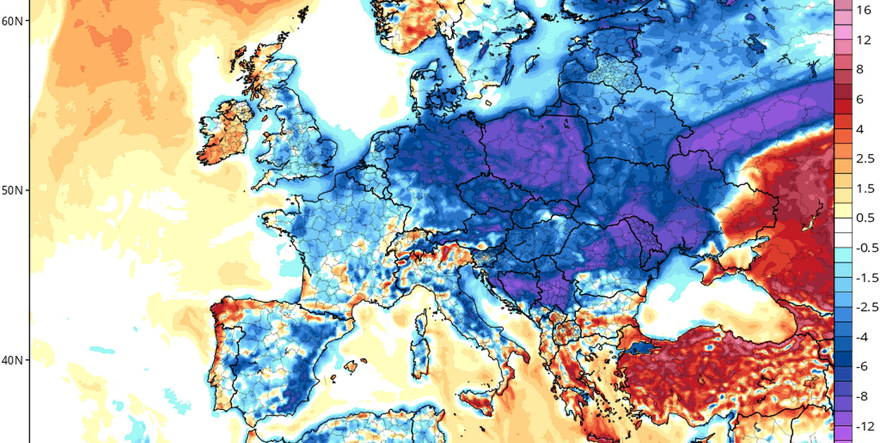Zdj. Prognozowana anomalia temperatury powietrza w środę 7 maja 2025 r. (Źródło: www.tropicaltidbits.com)