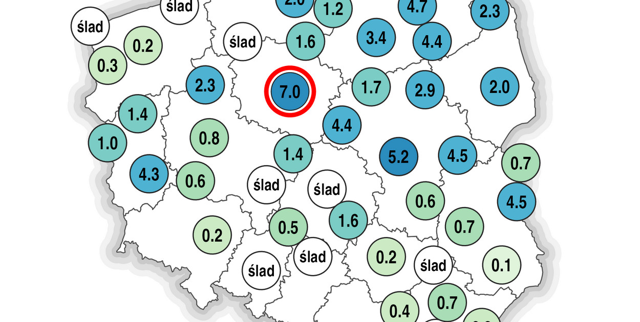 Suma opadów za ostatnią dobę (IMGW-PIB)