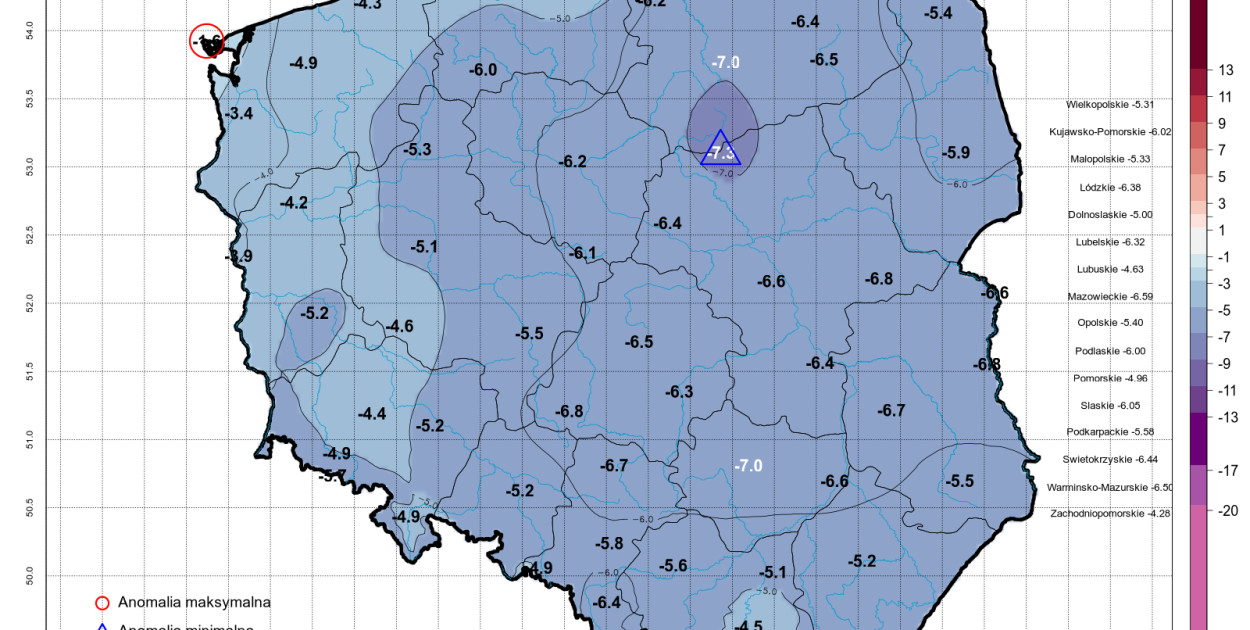 Mapa anomalii temperatury dla 17 maja 2025 r. (http://meteomodel.pl)