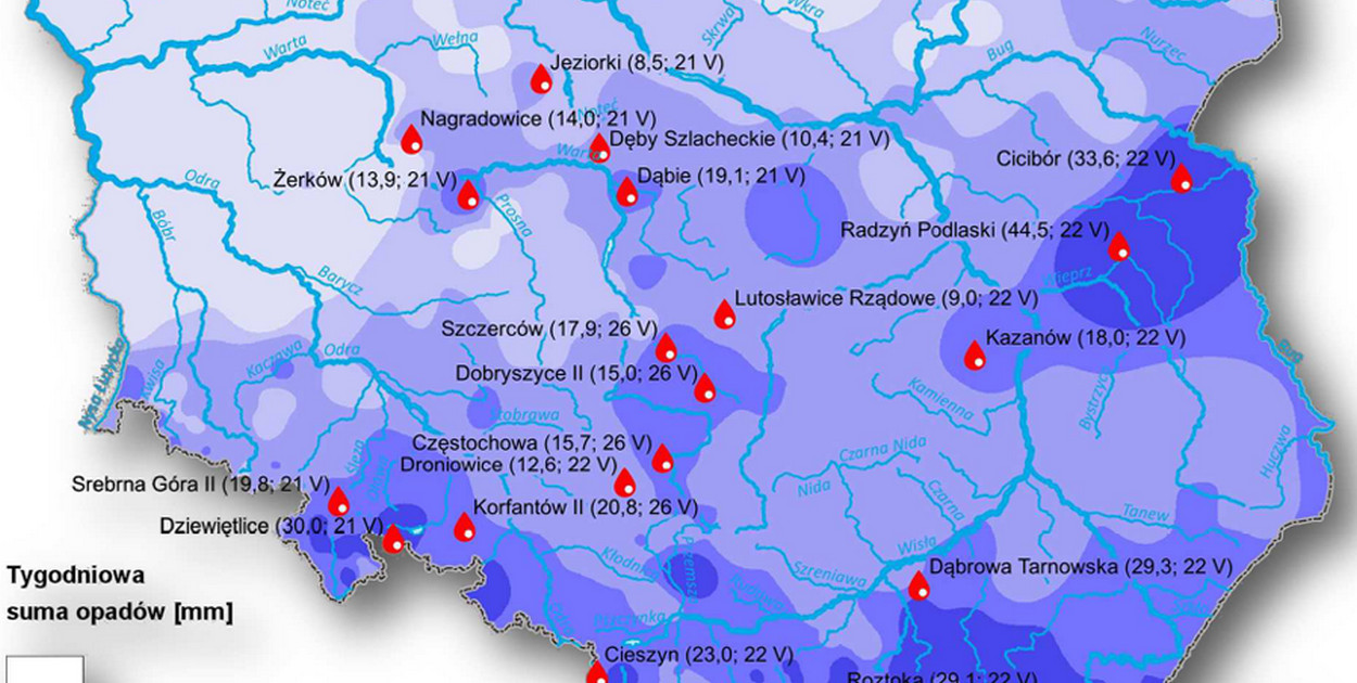 Suma opadów w okresie 20-27 maja 2025 r. (IMGW-PIB)