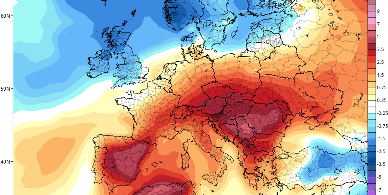 Średnia anomalia temperatury do 8 czerwca 2025 r.