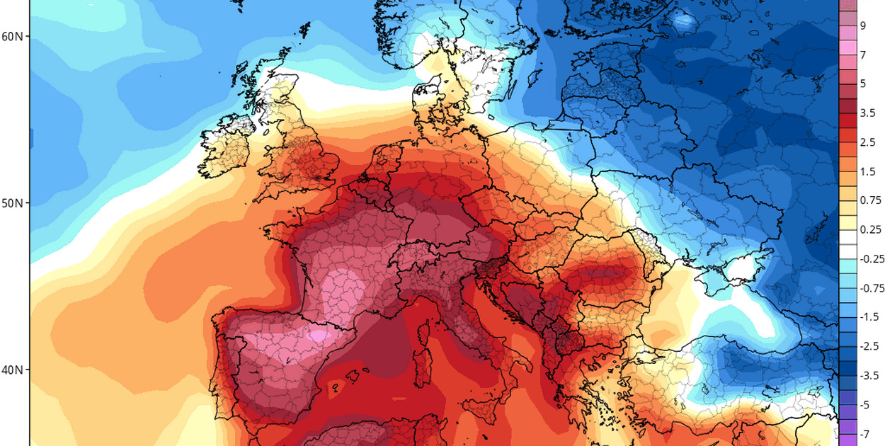 Mapa: Anomalia średniej temperatury powietrza w okresie 21-28 czerwca 2025 r. (www.tropicaltidbits.com)