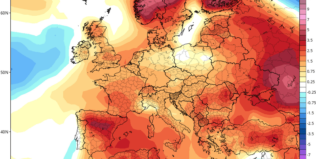 Mapa anomalii temperatury powietrza w okresie 13-20 lipca 2025 r. (https://www.tropicaltidbits.com/)