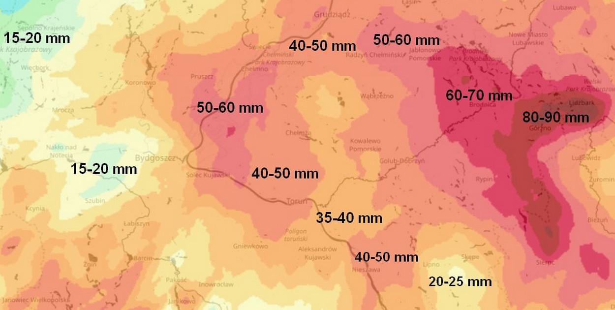 Suma opadów w ciągu ostatnich 24 godzin. Źródło: IMGW-PIB