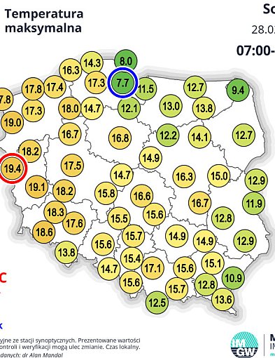 Sobota z prawie rekordową temperaturą maksymalną...