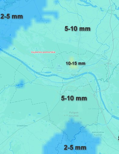 Poniedziałek / wtorek (11/12.05) - suma opadów w Toruniu i regionie