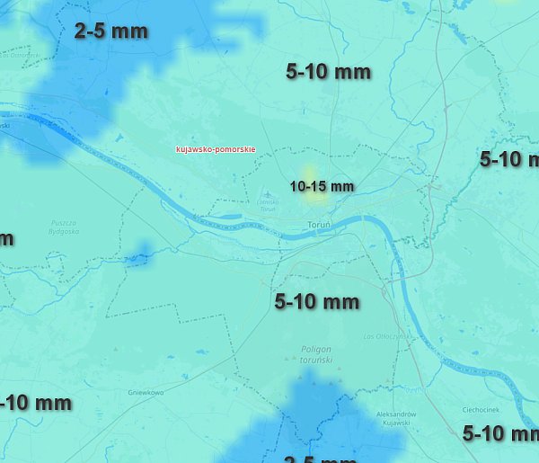 Poniedziałek / wtorek (11/12.05) - suma opadów w Toruniu i regionie