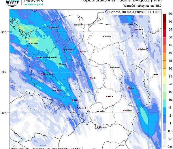 Sumy opadów atmosferycznych w okresie 29-30.05 - wilgotny północny zachód