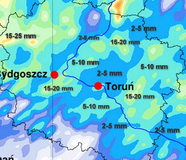 Niedzielne sumy opadów i burze (animacja wyładowań)