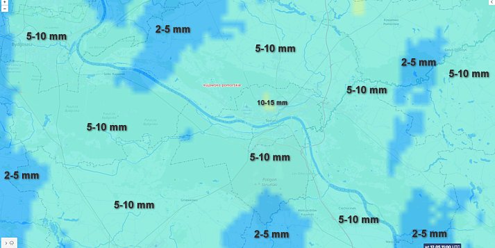 Poniedziałek / wtorek (11/12.05) - suma opadów w Toruniu i regionie