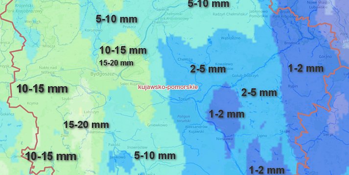 Sumy opadów w Toruniu i województwie w okresie czwartek / piątek (14-15.05)