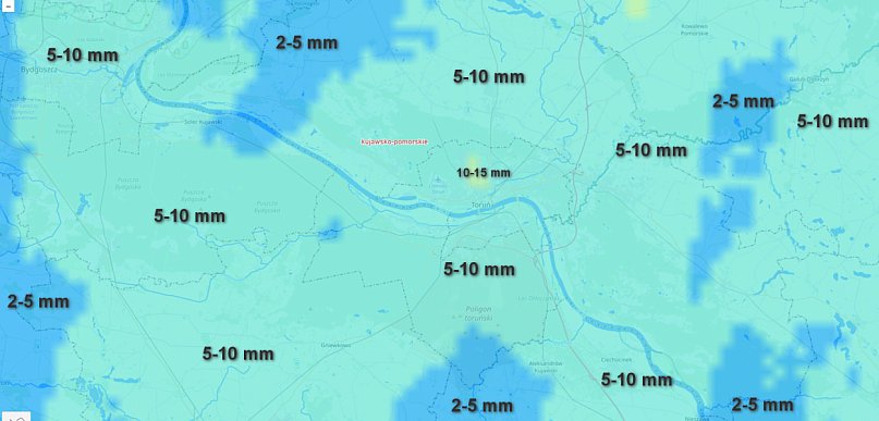 Poniedziałek / wtorek (11/12.05) - suma opadów w Toruniu i regionie