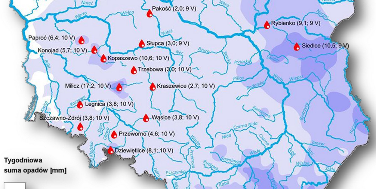 Tygodniowa suma opadów w okresie 6-13 maja 2025 r.