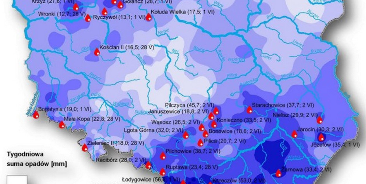 Suma opadów 27 maja - 3 czerwca 2025 r. (Tygodniowy Biuletyn Hydrologiczny IMGW-PIB)