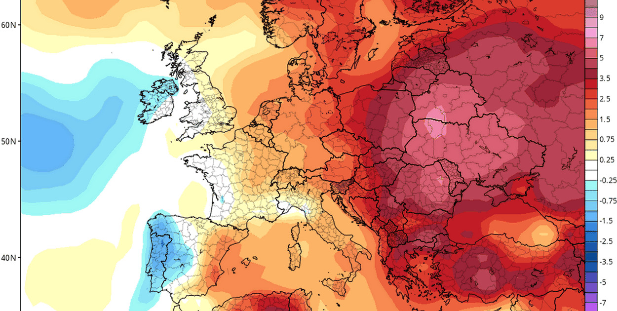 Anomalia temperatury powietrza do 7 września 2025 r. (https://www.tropicaltidbits.com/)