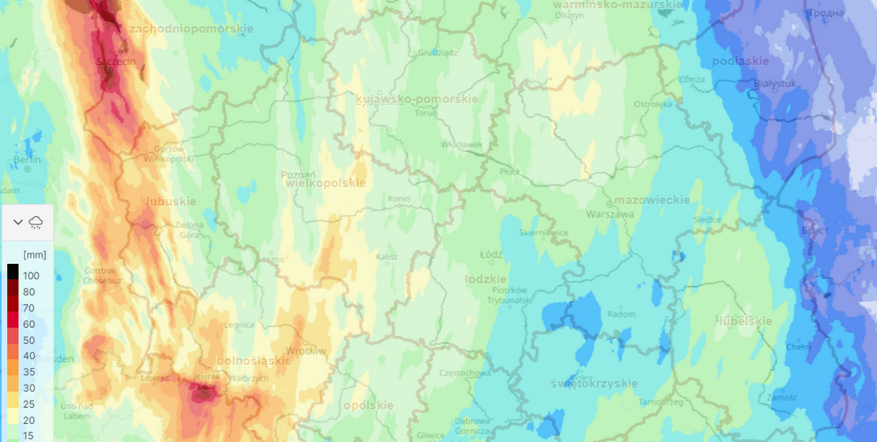 Mapa sum opadów atmosferycznych za ostatnie 24 godziny (IMGW-PIB)