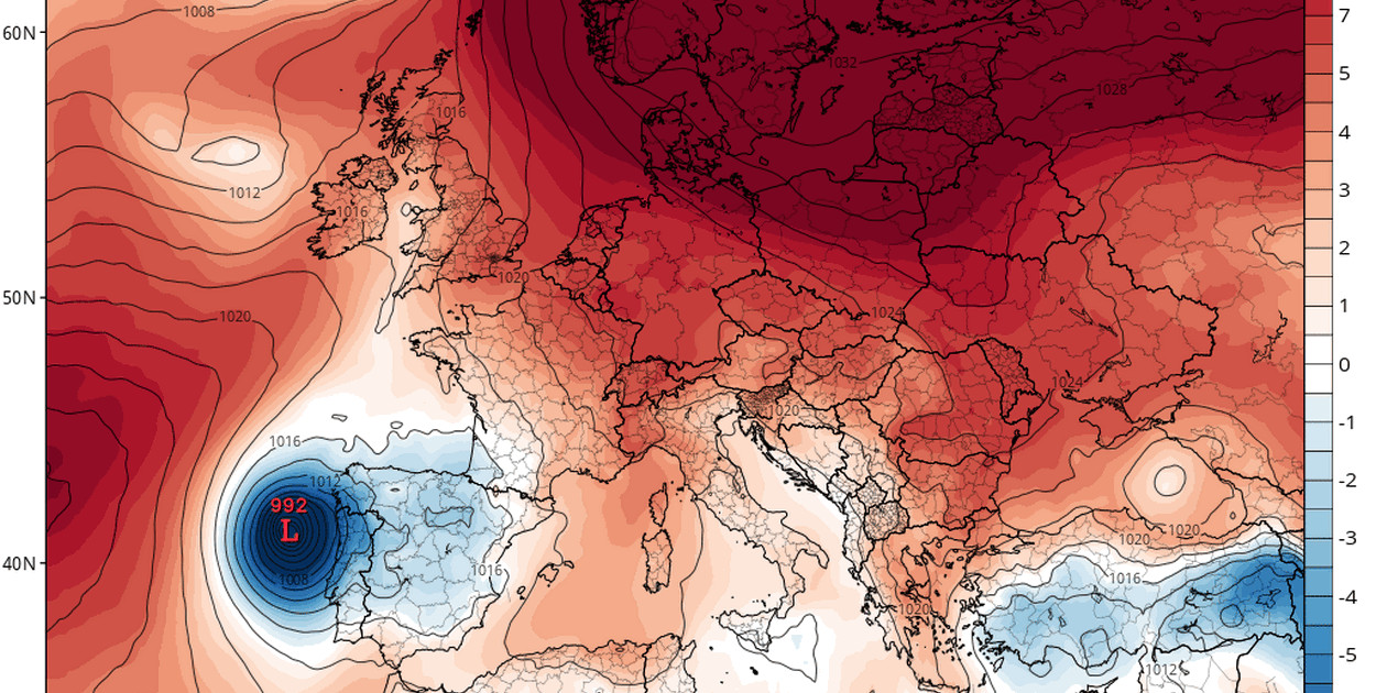 Anomalia ciśnienia atmosferycznego względem normy (kolor czerwony to ciśnienie powyżej normy) oraz położenie wyżu i niżów - www.tropicaltidbits.com