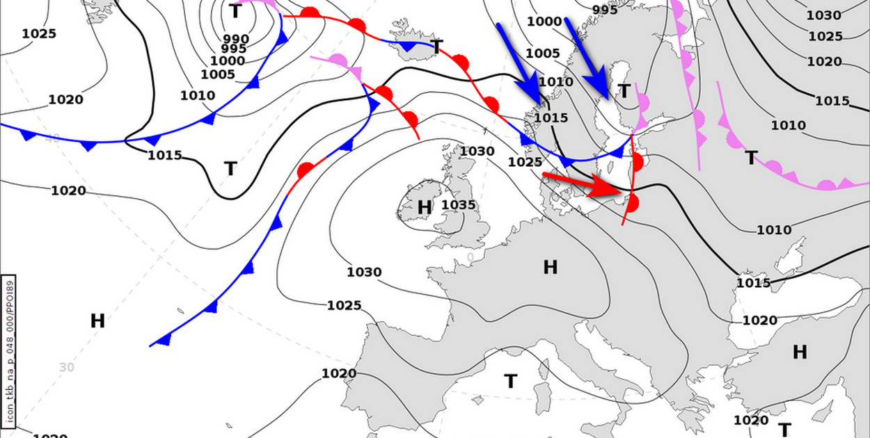 Sobotnia mapa synoptyczna (https://www.wetterzentrale.de/)