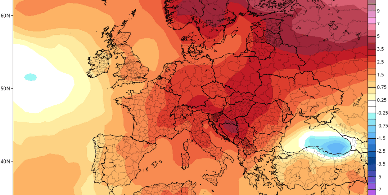 Prognozowana anomalia temperatury listopada 2025 r. (https://www.tropicaltidbits.com/)